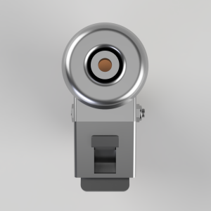 Front view of a silver circular flash head atop a rectangular gray camera flash unit.