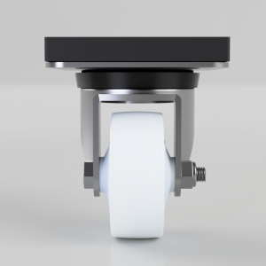 Front view of a swivel caster with a white wheel and gray metal mounting bracket against a light background.