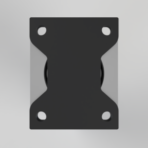 Black rectangular mounting plate with four circular holes at the corners and a curved central cutout, viewed from above against a light gray background.