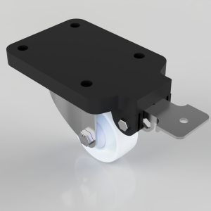 Caster wheel assembly with a black mounting plate and a white wheel, including metal hardware for attachment to furniture or equipment.