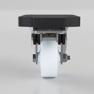 Front view of a swivel caster with a white wheel, metal fork, and a black mounting plate on top; bolt and brake components visible on sides.