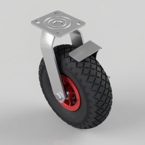 Swiveling caster wheel with a red hub mounted on a metal fork and square mounting plate for equipment mobility.