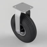 Plate-mounted caster wheel with a large black rubber wheel and gray metal frame, featuring a square top mounting plate with four holes for screws.