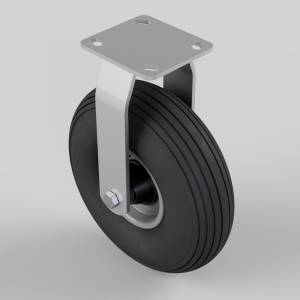 Plate-mounted caster wheel with a large black rubber wheel and gray metal frame, featuring a square top mounting plate with four holes for screws.