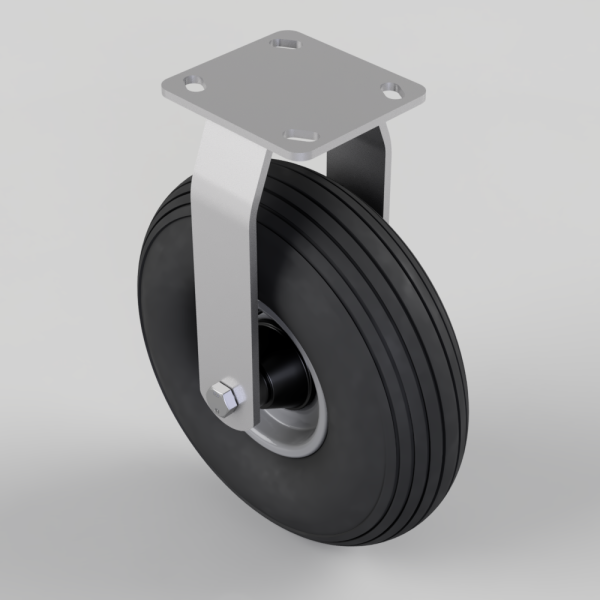 Plate-mounted caster wheel with a large black rubber wheel and gray metal frame, featuring a square top mounting plate with four holes for screws.