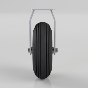 Front view of a large ribbed black wheel mounted in a gray metal frame.