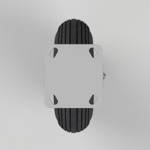 Top-down view of a grey square mounting plate with rounded corners attached to two ribbed black wheels, viewed from above.