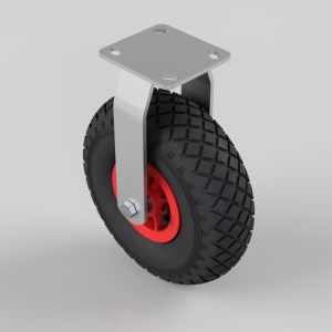 Swivel caster wheel with a black tread tire and red hub, mounted to a silver metal frame and a square mounting plate with four holes.