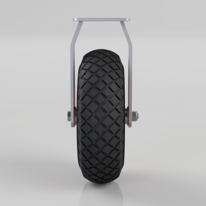 Front view of a large black tire mounted in a silver metal fork/frame with a horizontal top bar, seen head-on.