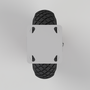 Top-down view of a textured black wheel mounted to a light gray square plate with rounded corners and four screw holes.