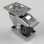 Swivel caster wheel with four-hole mounting plate and engaged brake lever, chrome frame, and black polyurethane wheel.