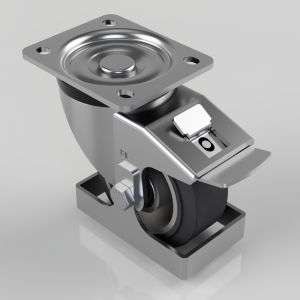 Swivel caster wheel with four-hole mounting plate and engaged brake lever, chrome frame, and black polyurethane wheel.