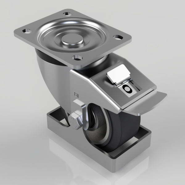 Swivel caster wheel with four-hole mounting plate and engaged brake lever, chrome frame, and black polyurethane wheel.