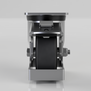 Front view of a heavy-duty caster wheel with a metal bracket and black rubber wheel. (informative)