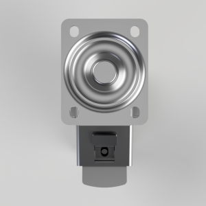Close-up of a metal circular spring-loaded push button mounted on a square mounting plate with a small rectangular actuator below.