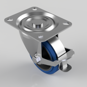 Blue Elastic Rubber 65ShoreA Plate Swivel Castor Brake 100mm 200kg Load