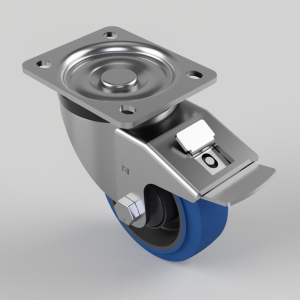 Blue Elastic Rubber 65ShoreA Plate Swivel Castor Brake 100mm 200kg Load