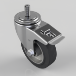 Swivel caster wheel with a metal mounting plate and a top threaded stem, featuring a brake lever and black polyurethane wheel to anchor furniture or equipment.