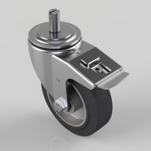 Swivel caster wheel with a metal mounting plate and a top threaded stem, featuring a brake lever and black polyurethane wheel to anchor furniture or equipment.