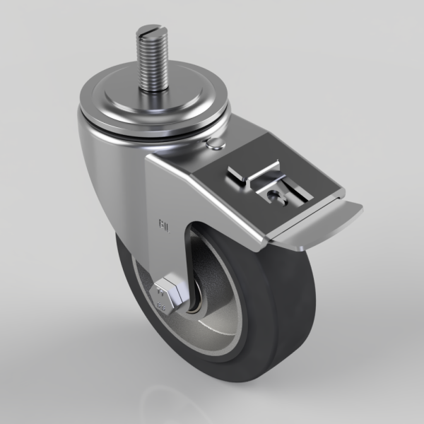 Swivel caster wheel with a metal mounting plate and a top threaded stem, featuring a brake lever and black polyurethane wheel to anchor furniture or equipment.