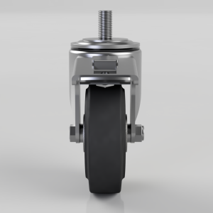 Front view of a swivel caster wheel with a locking brake and a vertical threaded mounting stem on a gray background.