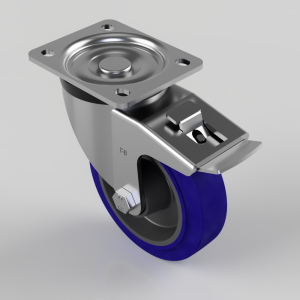 Blue Elastic Rubber 75ShoreA Plate Swivel Castor Brake 125mm 200kg Load