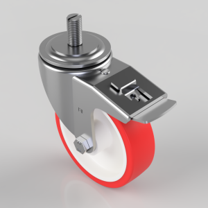 Metal swivel caster with red polyurethane wheel and built-in brake lever atop a mounting plate.