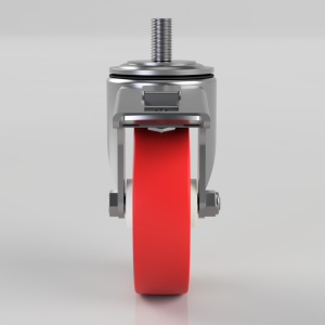 Frontal view of a red caster wheel with a metal housing and threaded stem for furniture or equipment frames.