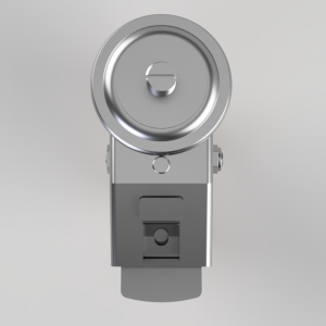 Metallic mechanical device with a circular dial on top and a rectangular base.