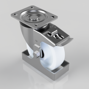 Swivel caster wheel with a metal mounting plate and a built-in brake lever on top, used for furniture or carts