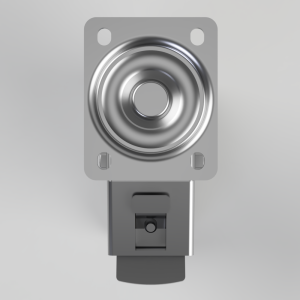 Industrial push-button switch with a circular metal button on a gray backplate and mounting bracket.