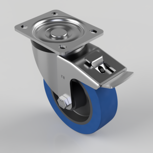 Blue Elastic Rubber 65ShoreA Plate Swivel Castor Brake 125mm 250kg Load