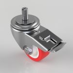 Metal swivel caster wheel with a red polyurethane tire and threaded stem for furniture mounting.