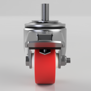 Swiveling caster wheel with a red polyurethane wheel and metal housing, viewed from the front (product image).