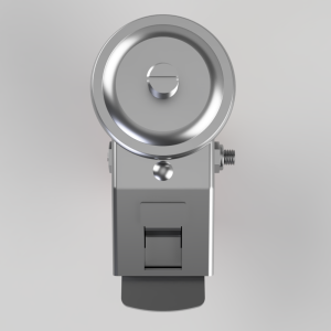 Front view of a metallic studio flash head with a round circular reflector mounted on a bracket.