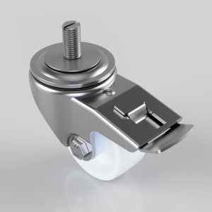 Metal swivel caster with a threaded stem, brake lever on the housing, and a white wheel (close-up).