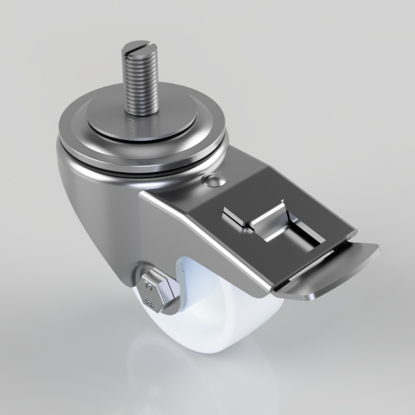Metal swivel caster with a threaded stem, brake lever on the housing, and a white wheel (close-up).