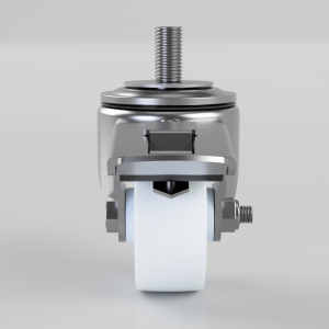 Heavy-duty caster wheel with brake lever in front, white wheel and metal mounting bracket (front view).