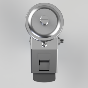 Metal mounting clamp with a circular knob on top, side bolt, and a rectangular body ending in a curved foot; rendered in silver.