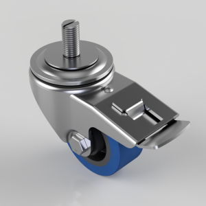 Swivel caster wheel with a blue polyurethane wheel and a metal mounting bracket with a brake lever assembly