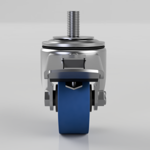 Industrial swivel caster with blue polyurethane wheel and metal mounting plate, viewed from the front for carts or equipment.