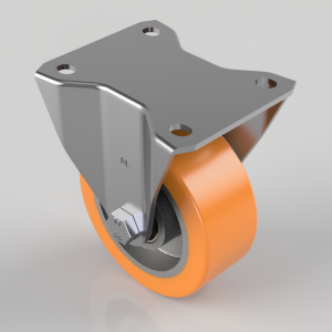 Swivel caster wheel with a gray metal mounting plate and an orange polyurethane wheel.