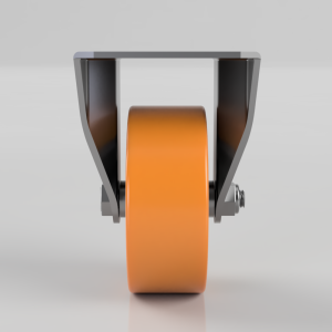 Front view of a single orange caster wheel mounted in a gray metal frame on a neutral background.