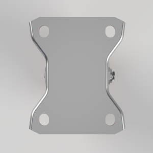 Top view of a gray metal mounting bracket with four rounded corner holes and a right-side bolt/nut visible