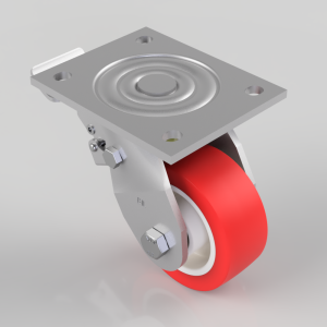 Swivel caster with red polyurethane wheel and metal mounting plate.