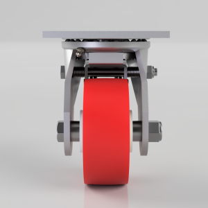 Close-up of a red wheel mounted in a gray metal caster with bolts and a spring mechanism behind it.
