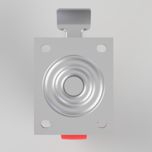Metal push-button switch mounted on a square plate with four mounting holes and a red indicator below