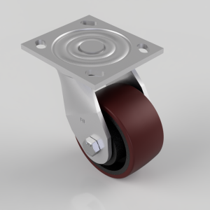 Swivel caster wheel with burgundy wheel, metal yoke, and a square mounting plate with four holes used for assembly's swivel mobility.