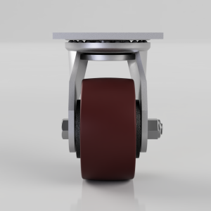 Front view of a heavy-duty swivel caster with a burgundy wheel, gray metal frame, and top mounting plate