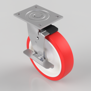 Swivel caster wheel with a red tire and white hub, mounted to a metal bracket with a top mounting plate and brake lever